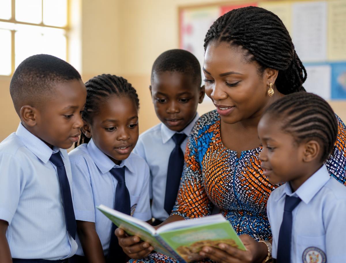 A teacher reading with pupils at Deborah's Hands International Schools